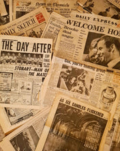 Load image into Gallery viewer, Historic vintage newspapers for gift wrapping of Hungary Spiced Orange soy wax candle