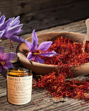 Load image into Gallery viewer, Turkish saffron soy wax candle 180ml with saffron turmeric cumin sandalwood scent in vintage packaging