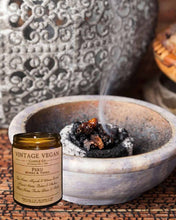 Load image into Gallery viewer, Peruvian Myrrh & Tonka soy wax candle 180ml with vintage vegan label and warm smoky background