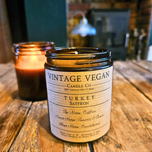 Load image into Gallery viewer, Turkish Saffron Soy Wax Candle 180ml with saffron, turmeric, cumin, and sandalwood notes in vintage packaging