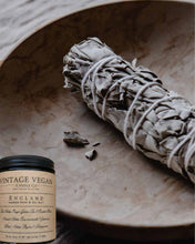 Load image into Gallery viewer, English Sea Salt and Smoked Sage soy wax candle 180ml with coastal scent and vintage newspaper gift wrap