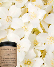 Load image into Gallery viewer, Tibetan Cedarwood & Jasmine soy wax candle surrounded by white jasmine flowers