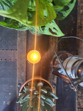 Load image into Gallery viewer, Lit Thailand Jade Orchid soy wax candle on rustic table with plants