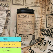 Load image into Gallery viewer, Australia Peppermint and Eucalyptus vintage vegan soy wax candle with personalized label, 180ml, displayed on vintage newspaper wrapping